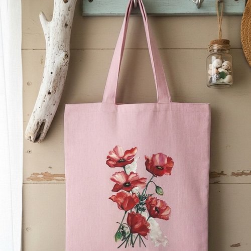 Tote bag doublé rose motif bouquet de fleurs