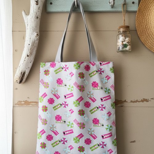 Tote bag doublé gris et motifs vacances plage