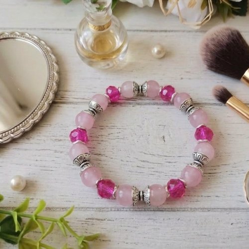 Bracelet fil élastique perles en verre rose et fuchsia