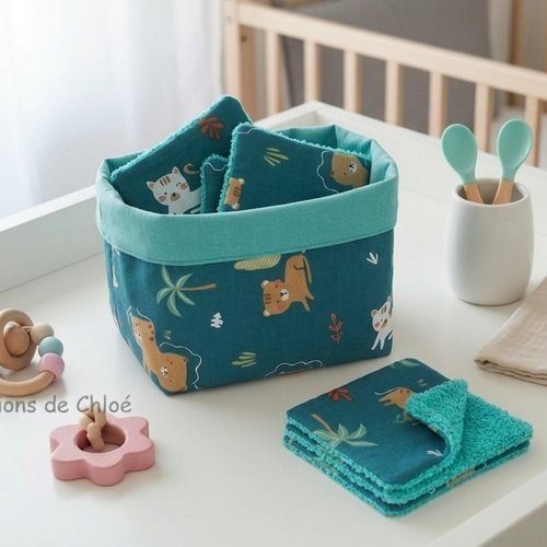 Panier et 12 lingettes bébé turquoise et vert
