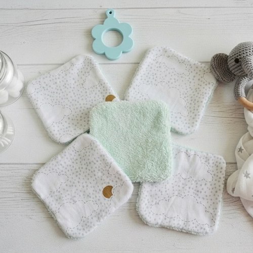 Lot de 6 lingettes lavables pour bébé coton et éponge bambou