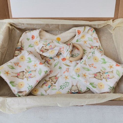 Coffret naissance/box naissance tissus beige et lapins