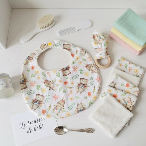 Coffret naissance/box naissance tissus beige et lapins