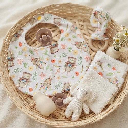 Coffret naissance/box naissance tissus beige et lapins
