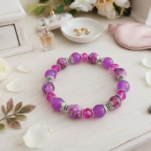 Bracelet perles en verre laqué imitation jade violet