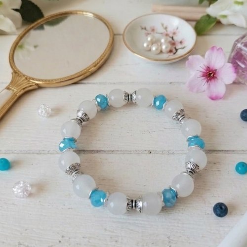 Bracelet perles en verre laqué imitation jade blanche