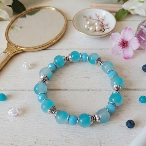 Bracelet perles en verre laqué imitation jade bleu