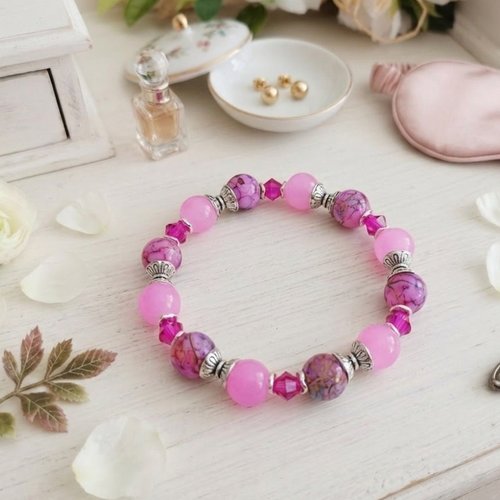 Bracelet perles en verre rose et apprêts argent mat