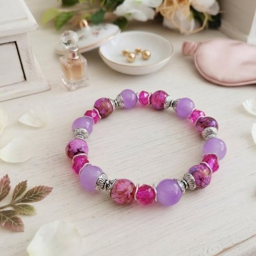 Bracelet perles en verre lilas et apprêts argent mat