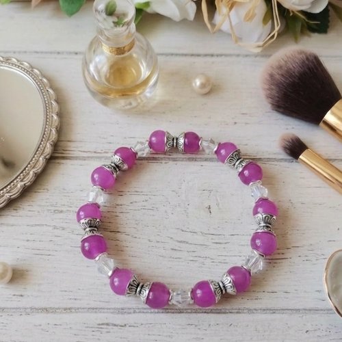 Bracelet fil élastique perles en verre violet et cristal
