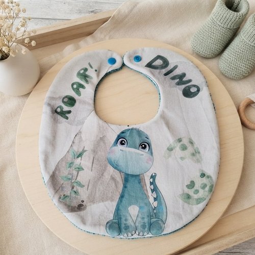 Bavoir bébé coton imprimé dinosaure et éponge turquoise