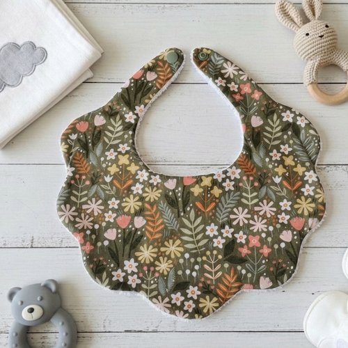 Bavoir bébé coton kaki imprimé fleurs et éponge blanche