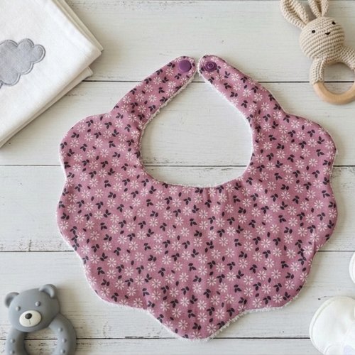 Bavoir bébé coton blanc imprimé fleurs et éponge blanche