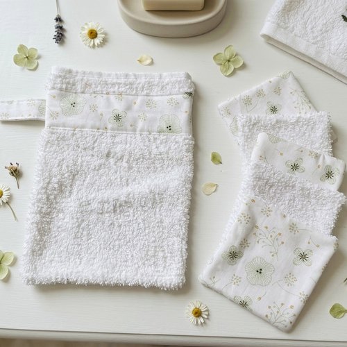 Box gant de toilette et 8 lingettes couleur verte et blanche