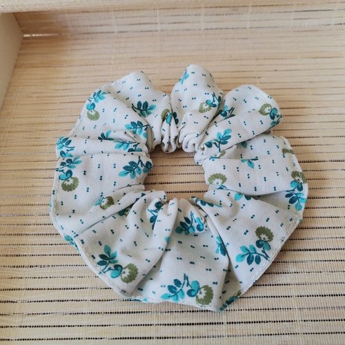 Chouchou coton beige à petites fleurs