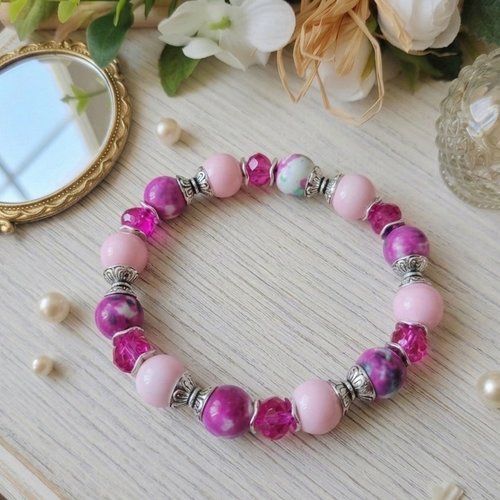 Bracelet perles jade blanche et fuchsia
