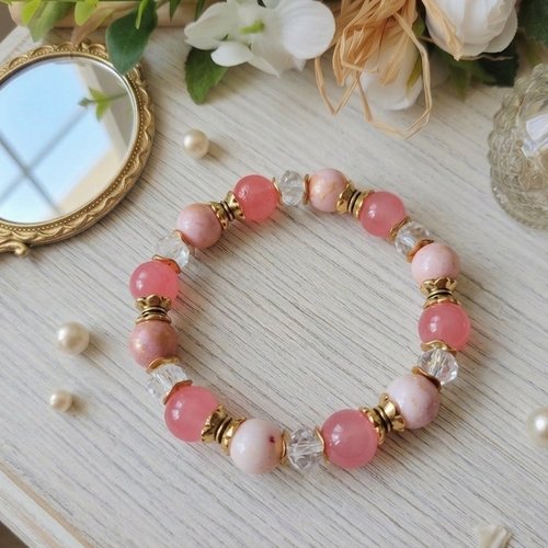 Bracelet perles jade rose orangé doré