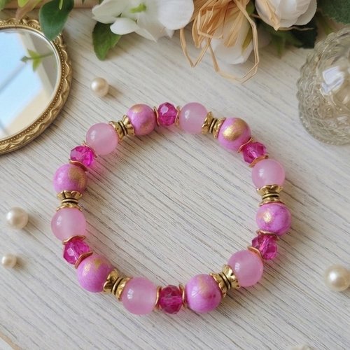 Bracelet perles jade rose doré