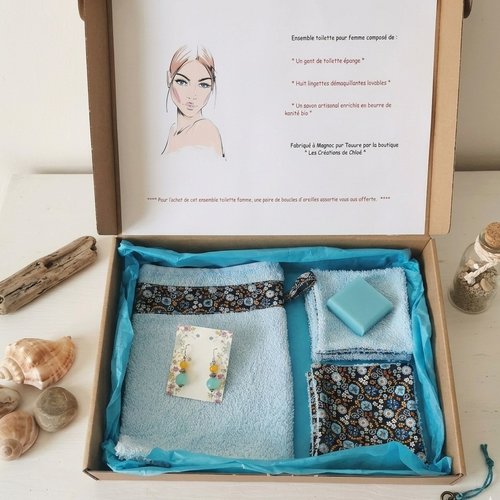 Box gant de toilette et 8 lingettes couleur bleu ciel