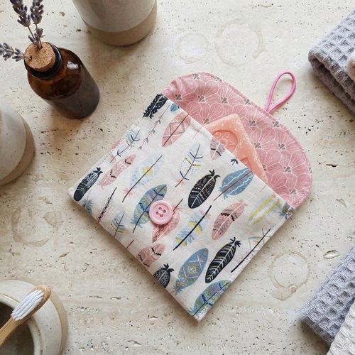 Pochette à savon tissus coton imprimé et enduit rose