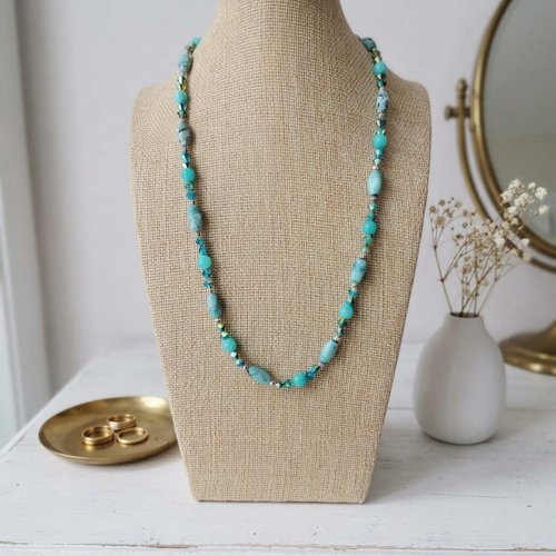 Collier sautoir bleu et argent mat