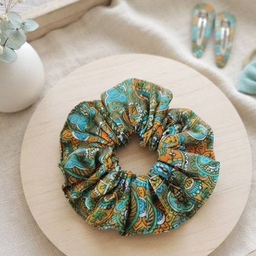 Chouchou coton vert motifs cachemire