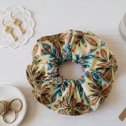 Chouchou coton jaune motifs fleurs
