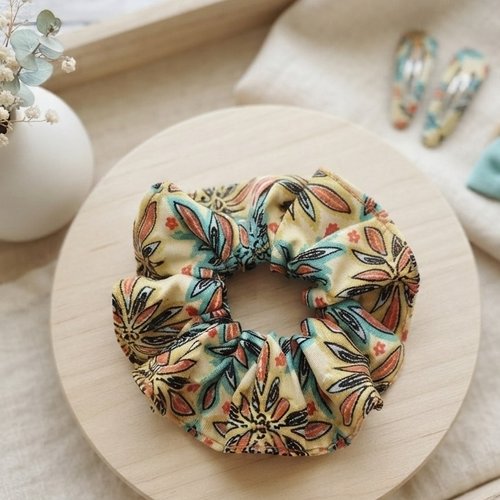 Chouchou coton jaune motifs fleurs