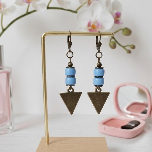 Boucles d'oreilles pendentif métal et perles en verre colonne