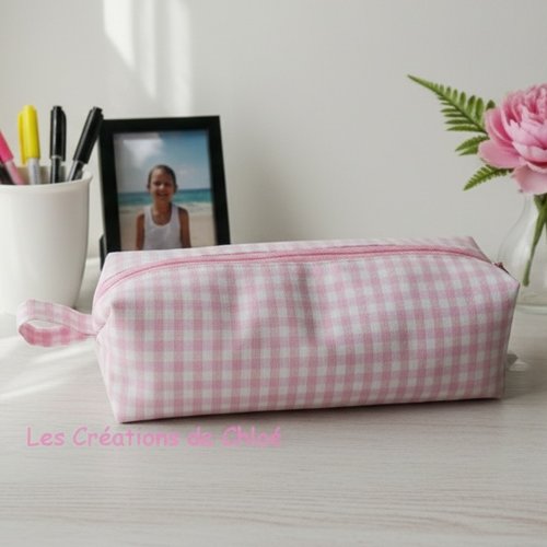 Trousse fourre tout double entoilage vichy rose