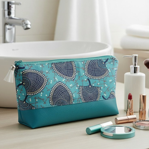 Trousse de toilette femme tissu imprimé et simili cuir bleu canard