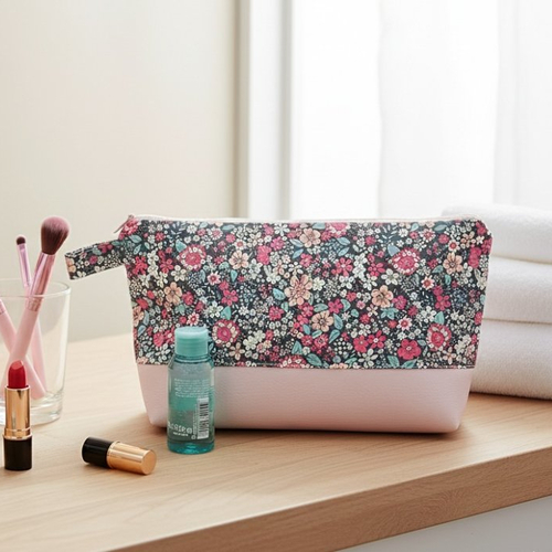 Trousse de toilette femme tissu motifs fleur et simili cuir rose