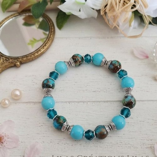 Bracelet perles en verre bleu et apprêts argent mat