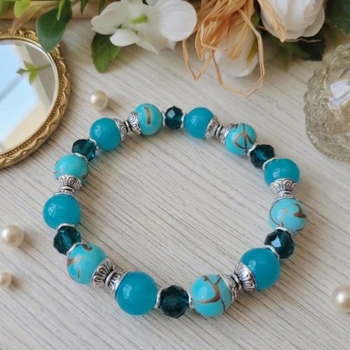 Bracelet perles en verre bleu et apprêts argent mat