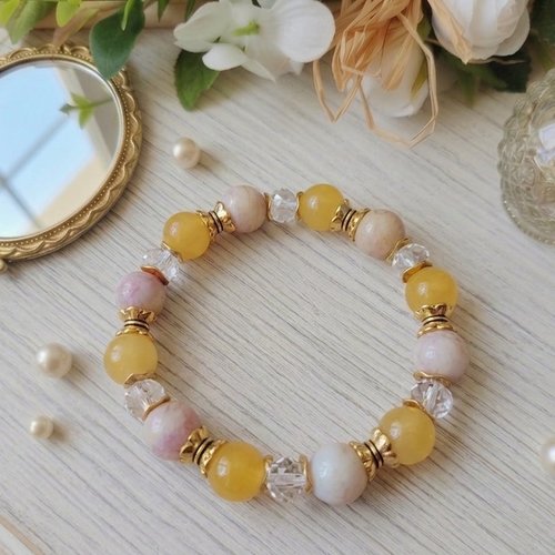 Bracelet perles en verre jaune et apprêts dorés