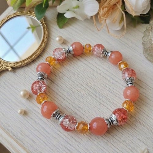 Bracelet perles jade orange et apprêts argent mat