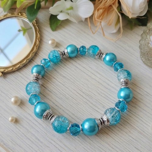 Bracelet perles en verre bleu et apprêts argent mat