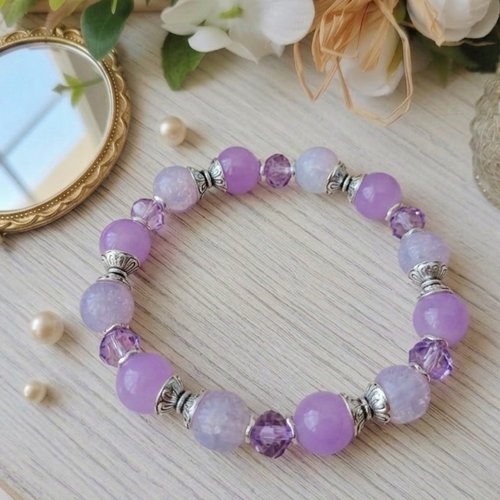 Bracelet perles en verre lilas et apprêts argent mat
