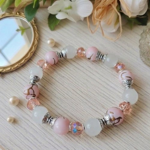 Bracelet perles en verre blanc et saumon et apprêts argent mat