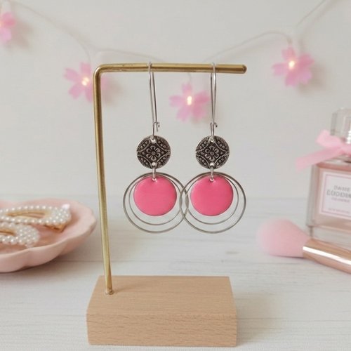 Boucles d'oreilles acier inoxydable anneaux et sequin émail