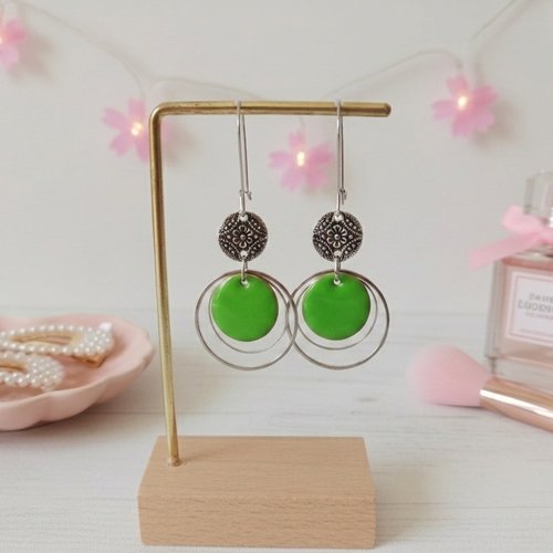 Boucles d'oreilles acier inoxydable anneaux et sequin émail