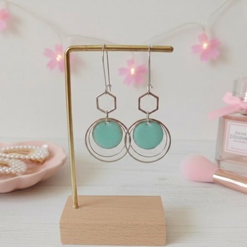Boucles d'oreilles acier inoxydable anneaux et sequin émail