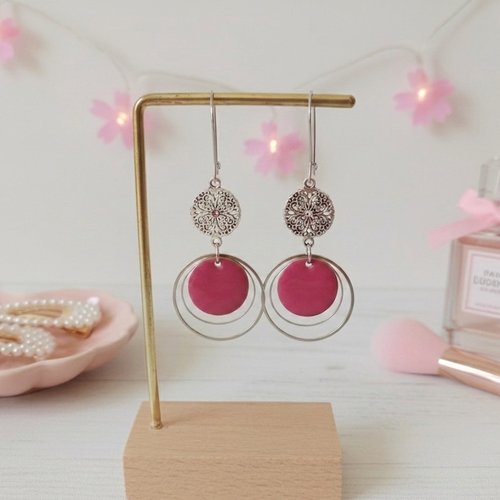 Boucles d'oreilles acier inoxydable anneaux et sequin émail