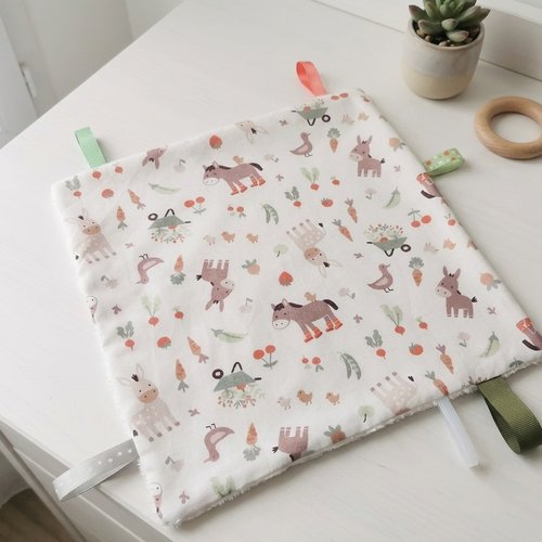 Doudou plat carré coton motifs ânes