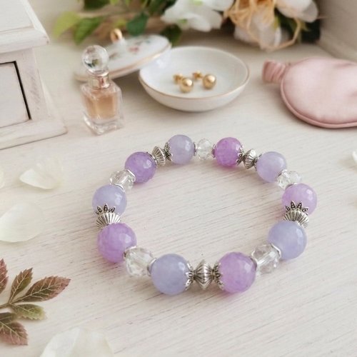 Bracelet perles en verre lilas et cristal