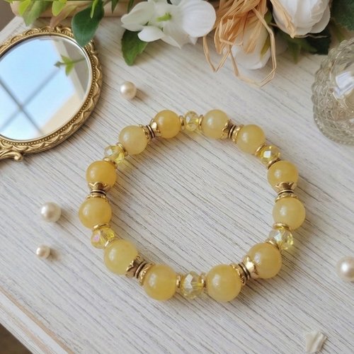 Bracelet perles en verre jaune moutarde