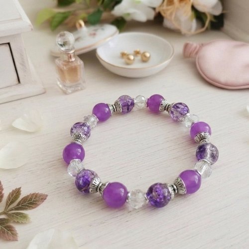 Bracelet perles en verre violette et cristal