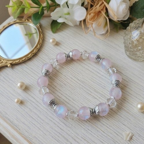 Bracelet perles en verre rose brillant et cristal
