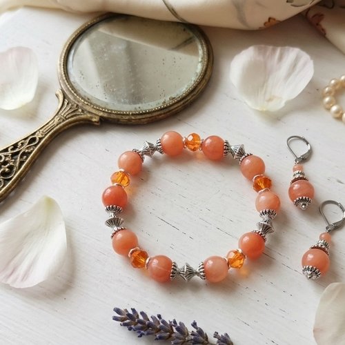 Parure bracelet et boucles d'oreilles perles jade orange