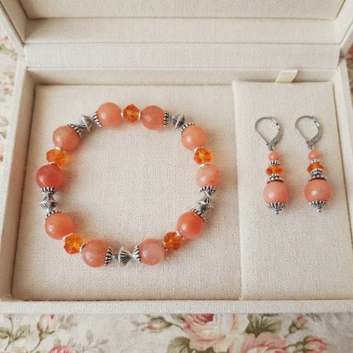 Parure bracelet et boucles d'oreilles perles jade orange
